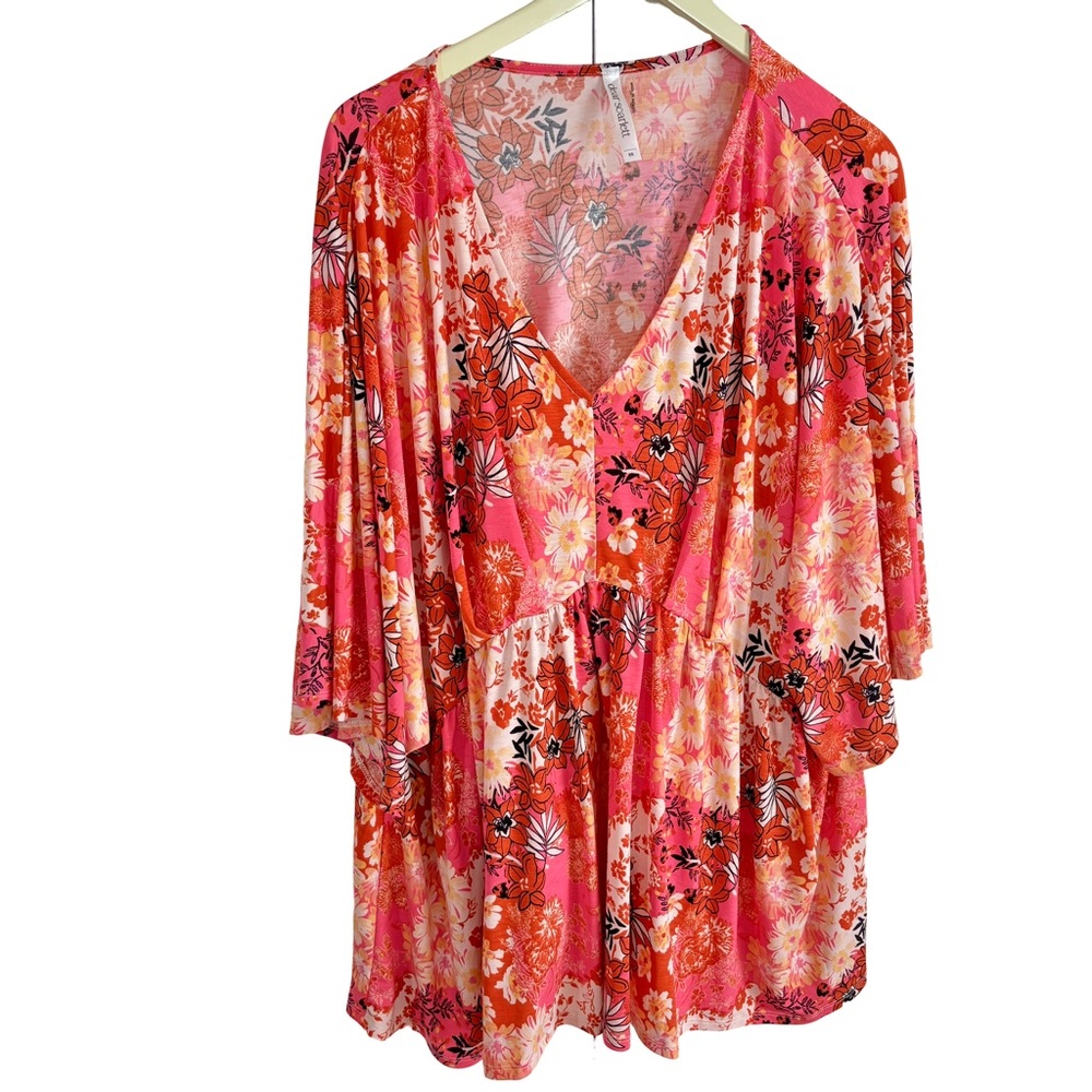 Babydoll Floral Empire Waist Tunic Sz 3X Blouse Kimono Sleeves Boho Flowy